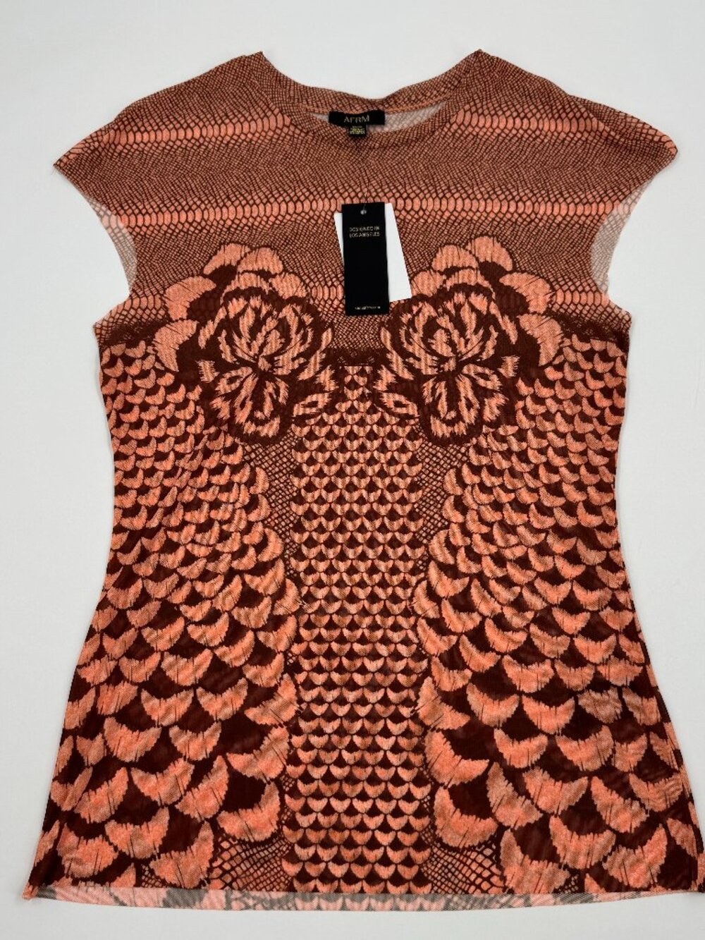 AFRM Mesh Cap Sleeve Top Womens Medium Peach Petal Snakeskin Floral AT028802